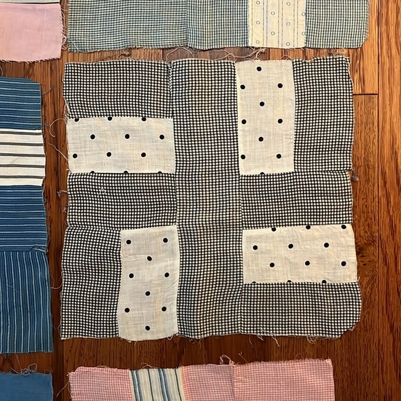 Vintage patchwork quilt blocks Circa 1880’s blues blacks pink, gingham Ex - Picture 6 of 12